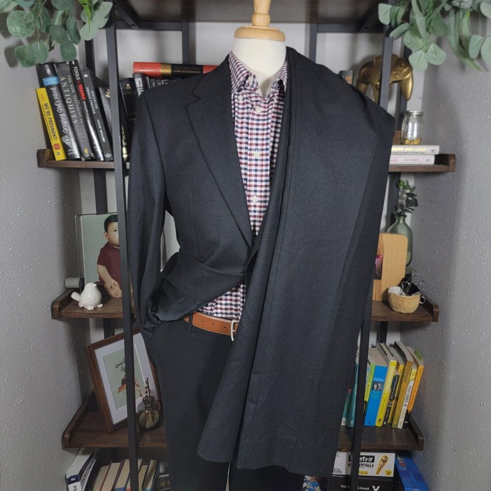 Izod Men's 2PC Sport Coat‎ & Pant Charcoal Black Flannel Wool 40R 34x28 Pleated